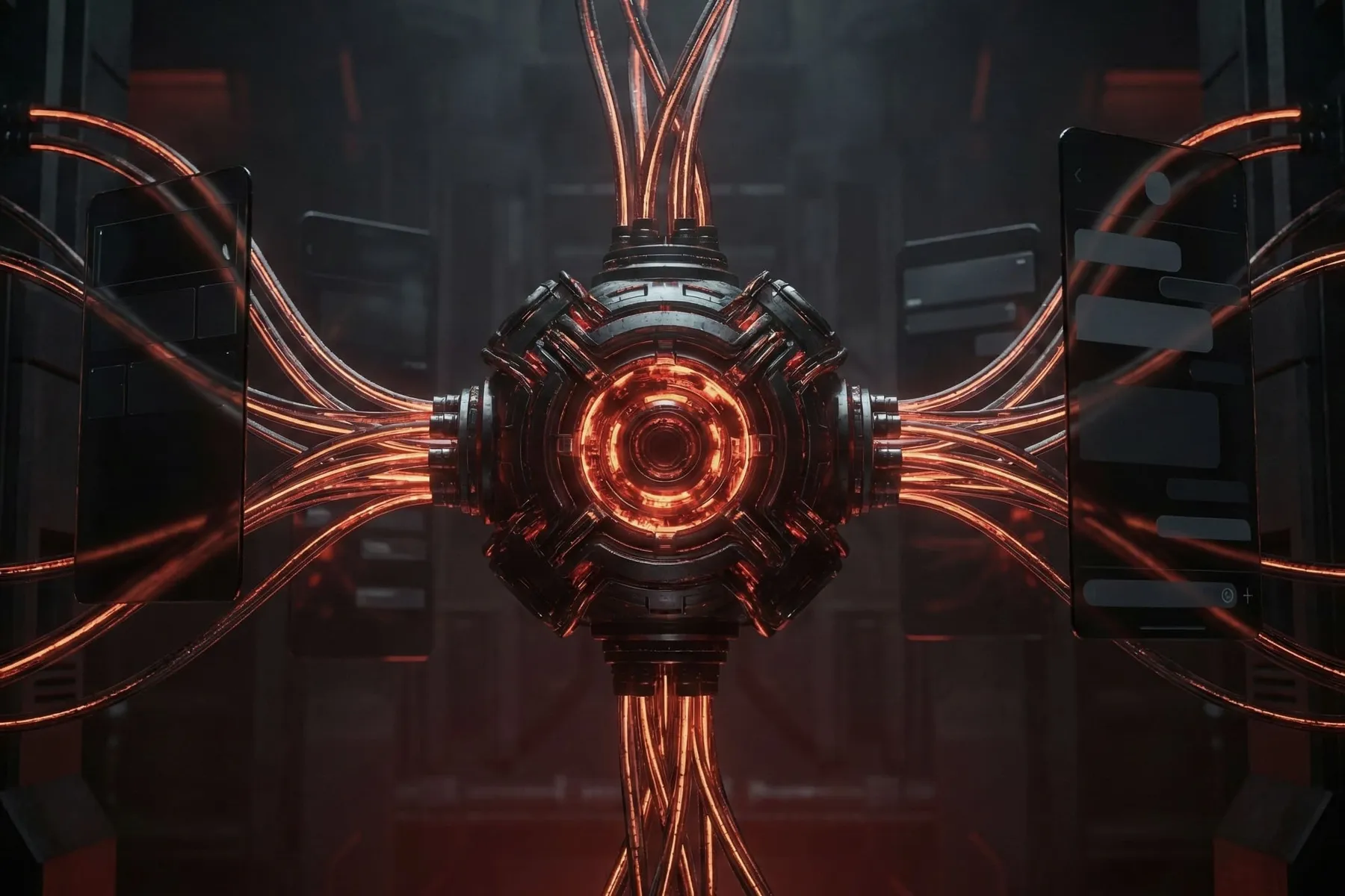 Futuristic 3D visualization of web architecture: glowing AI core connected to glassmorphism interfaces