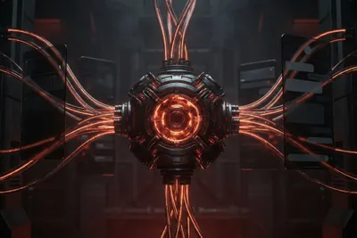 Futuristic 3D visualization of web architecture: glowing AI core connected to glassmorphism interfaces