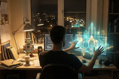 Developer workspace: laptop with code, coffee, and a Kazan view